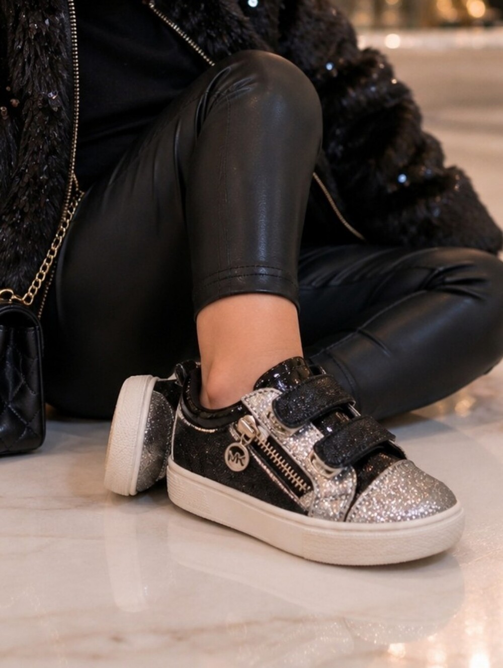 Michael Kors Kids Sneakers 6 Silver Glitter Black Double Strap Sparkle